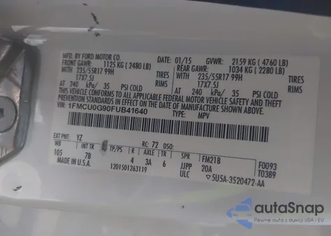 2015 Ford Escape Se from USA, damaged, VIN 1FMCU0G90FUB41640